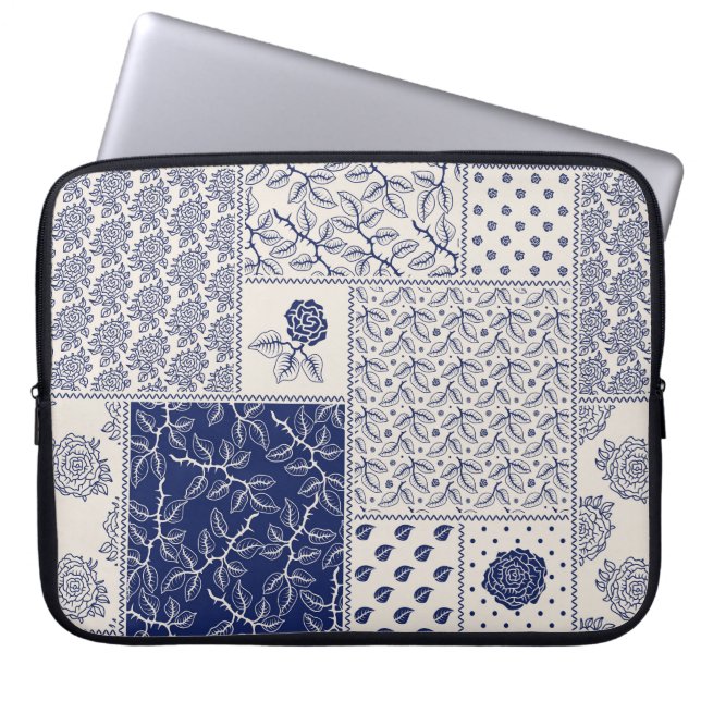 Housse Pour Ordinateur Portable Indigo Bleu Beige Floral Patchwork (Devant)