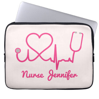 Housse Pour Ordinateur Portable Infirmière personnalisée rose Nom Stethoscope Coeu
