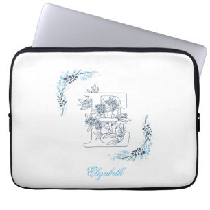 Housse Pour Ordinateur Portable Initiale "E" Monogramme bleu Calme Floral