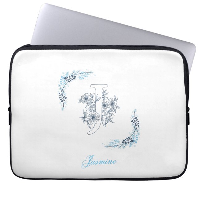 Housse Pour Ordinateur Portable Initiale "J" Monogramme bleu Calme Floral (Devant)
