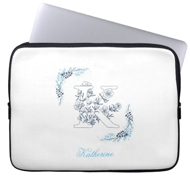 Housse Pour Ordinateur Portable Initiale "K" Blue Monogram Calme Floral (Devant)
