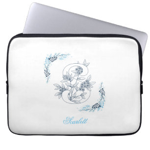 Housse Pour Ordinateur Portable Initiale "S" Monogramme bleu Calme Floral