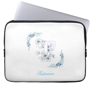 Housse Pour Ordinateur Portable Initiale "T" Monogramme bleu Calme Floral