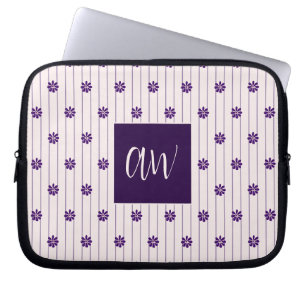 Housse Pour Ordinateur Portable Initiales Blush & Violet Bandes Motif Floral