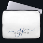 Housse Pour Ordinateur Portable Initiales de monogramme bleu marine minimaliste<br><div class="desc">Un chic script moderne design bleu marine initiales monogramme sur blanc,  avec un script dramatique initial avec des swashes et votre nom complet dans un type serif moderne.</div>