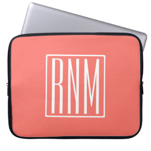 Housse Pour Ordinateur Portable Initiales Monogramme Blanc Sur Corail