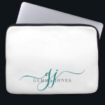 Housse Pour Ordinateur Portable Initiales turquoise Monogramme de script minimalis<br><div class="desc">Un script turquoise chic moderne et élégant initialise monogramme sur blanc,  avec un script initial dramatique avec des swashes et votre nom complet dans un type serif moderne.</div>