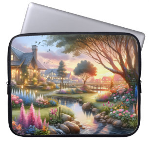 Housse Pour Ordinateur Portable Jardin de Cottage Fantaisiste au Coucher du Soleil