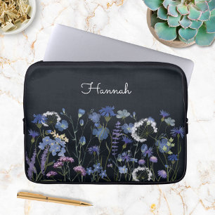 Housse Pour Ordinateur Portable Jardin de fleurs sauvages à l'aquarelle bleue mono