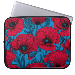 Housse Pour Ordinateur Portable Jardin de pavot rouge sur bleu