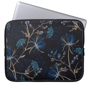 Housse Pour Ordinateur Portable Jardin sombre : Floral bleu monotone