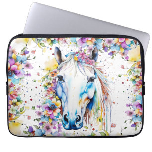 Housse Pour Ordinateur Portable Joli Cheval Blanc Floral Violet et Rose