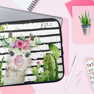 Housse Pour Ordinateur Portable Joli lama à l'aquarelle Cactus floral et rayures