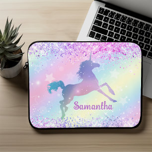 Housse Pour Ordinateur Portable Joli licorne rose Glitter monogramme art arc-en-ci