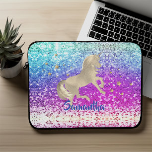 Housse Pour Ordinateur Portable Joli licorne rose Paillettes arc-en-ciel monogramm