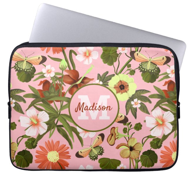 Housse Pour Ordinateur Portable Joli Monogramme rose Fille Moderne Motif Floral (Devant)