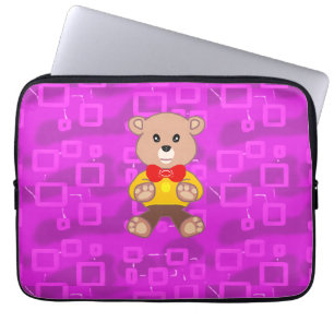 Housse Pour Ordinateur Portable Joli ours en peluche sur fond géométrique rose