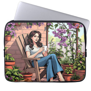 Housse Pour Ordinateur Portable Jolie Dame Boire Du Café Relaxant Dehors