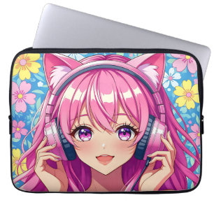 Housse Pour Ordinateur Portable Jolie Fille Anime Rose avec Écouteurs