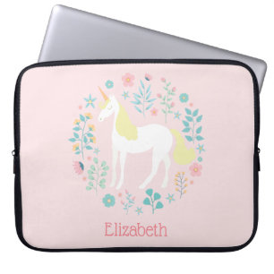 Housse Pour Ordinateur Portable Jolie licorne & Fleurs rose pâle Personnalisé