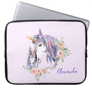 Housse Pour Ordinateur Portable Jolie licorne maman & bébé aquarelle Floral