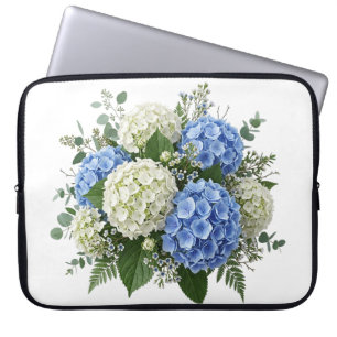HOUSSE POUR ORDINATEUR PORTABLE JOLIES FLEURS D'HORTENSIA BLEU ET BLANC D'ÉTÉ