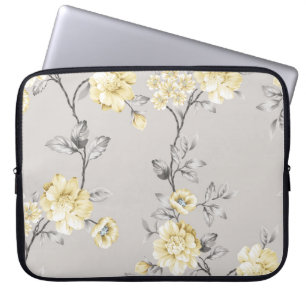 Housse Pour Ordinateur Portable jolies fleurs jaunes avec motif feuille gris sur g