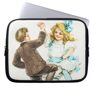 Housse Pour Ordinateur Portable Joyeux Noël - carte vintage, enfants dansants