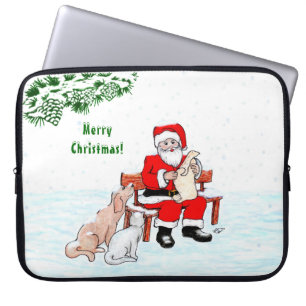 Housse Pour Ordinateur Portable Joyeux Noël! Père Noël avec chat et chien