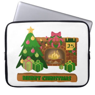 Housse Pour Ordinateur Portable Joyeux Noël près de la cheminée bonfire xmas arbre