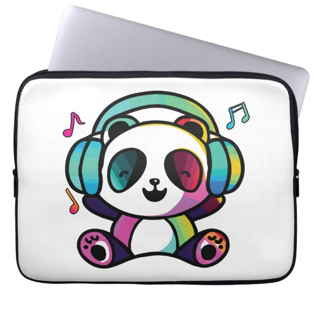 Housse Pour Ordinateur Portable Joyeux Panda avec écouteurs écoutant de la musique (Devant)