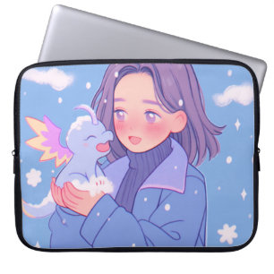 Housse Pour Ordinateur Portable Kawaii Anime Girl with Baby Dragon in Winter Snow