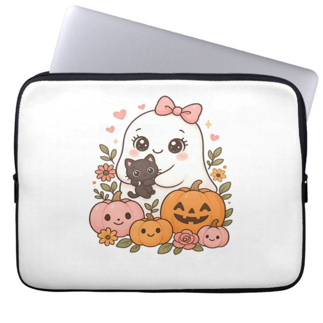Housse Pour Ordinateur Portable Kawaii Ghost Halloween Chat noir Citrouille Chat c (Devant)
