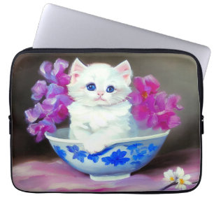 Housse Pour Ordinateur Portable Kitten blanc vintage aux fleurs roses