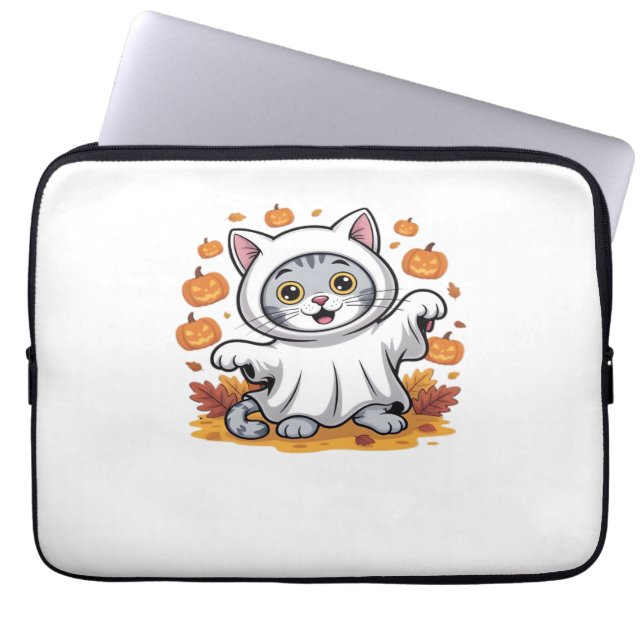 Housse Pour Ordinateur Portable Kitten habillé comme un fantôme pour Halloween cla (Devant)