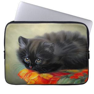Housse Pour Ordinateur Portable Kitten noir vintage avec couverture de fleurs roug