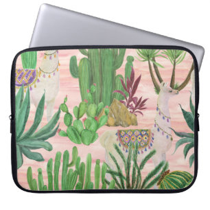Housse Pour Ordinateur Portable Lamas aquarelle et motif cactus.