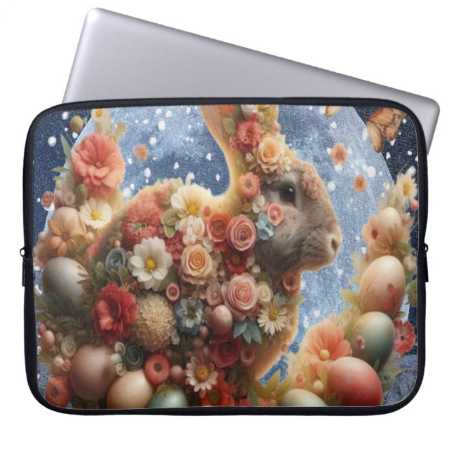 Housse Pour Ordinateur Portable Lapin de Pâques en fleurs  (Devant)