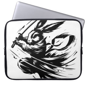 Housse Pour Ordinateur Portable Lapin Guerrier à l'Encre Noire Samouraï