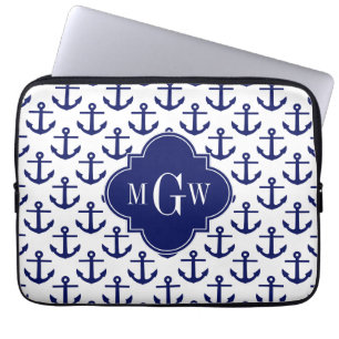 Housse Pour Ordinateur Portable Le bleu marine ancre la BG blanche, monogramme