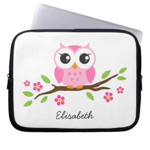 Housse Pour Ordinateur Portable Le hibou rose mignon sur la branche florale a
