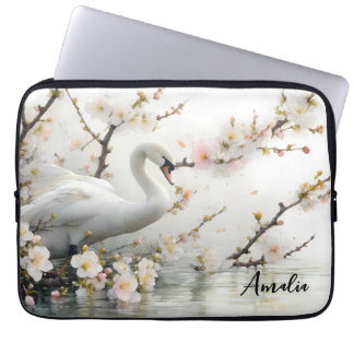 Housse Pour Ordinateur Portable Le lac Swan et Blossom à l'aquarelle
