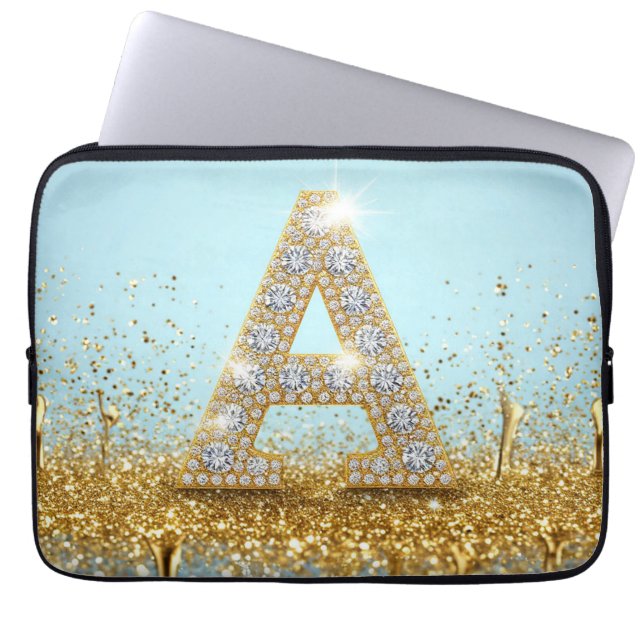 Housse Pour Ordinateur Portable Lettre A en diamant de luxe sur fond pailleté or (Devant)
