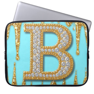 Housse Pour Ordinateur Portable Lettre B de luxe en diamant sur fond de paillettes