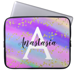 Housse Pour Ordinateur Portable Licorne Arc-en-ciel Doré Pailleté Monogramme Color