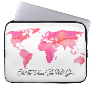 Housse Pour Ordinateur Portable Lieux Où Elle Va Citer Aquarelle Rose Carte Mondia