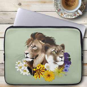 Housse Pour Ordinateur Portable Lion Lionne Floral Vert