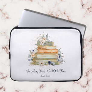 Housse Pour Ordinateur Portable Livres Anciens Fleurs Beiges et Bleues Citation Pe