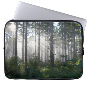 Housse Pour Ordinateur Portable Lumière du soleil traversant une forêt brumeuse