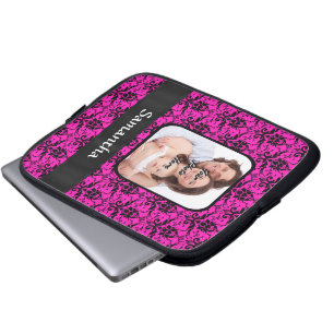 Housse Pour Ordinateur Portable Magenta et damas noir